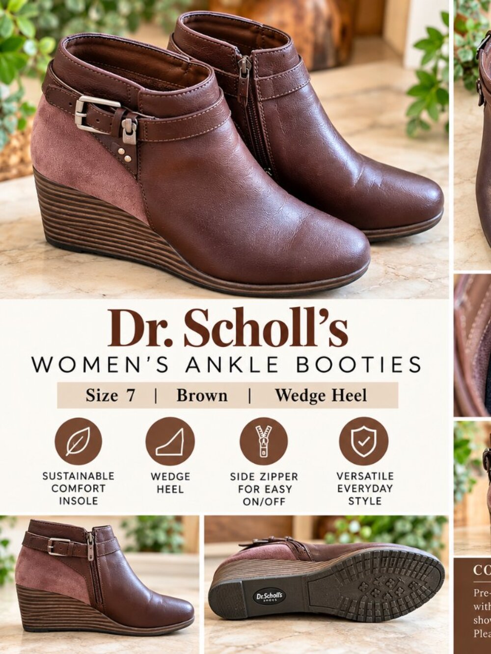 Dr. Scholl’s Women’s Brown Wedge Ankle Booties Size 7 Buckle Zip